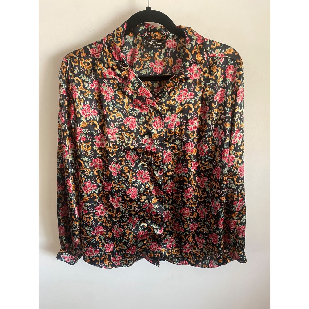 Judy Ann of California Vintage Satin Floral Baroque Button Up Blouse Black Pink